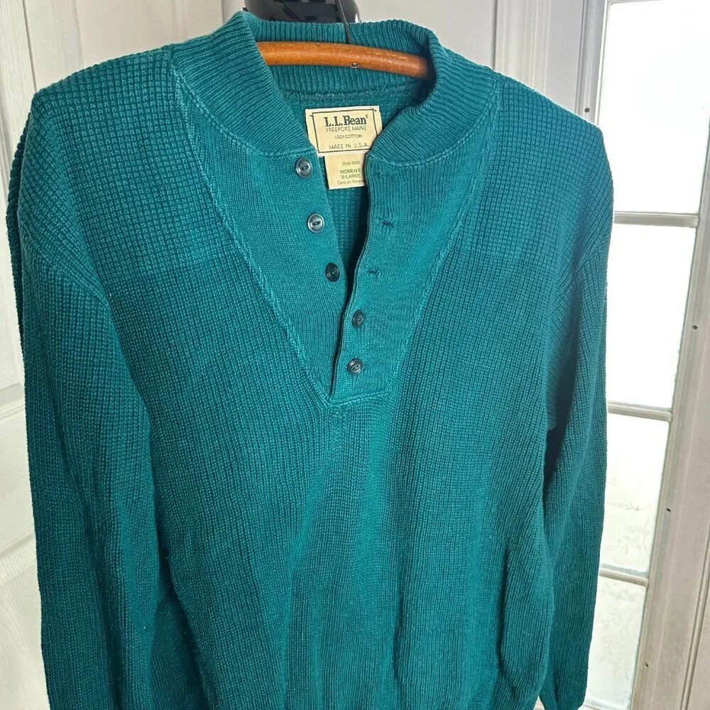 Vintage Men's LL Bean Teal Henley Sweater Size XL